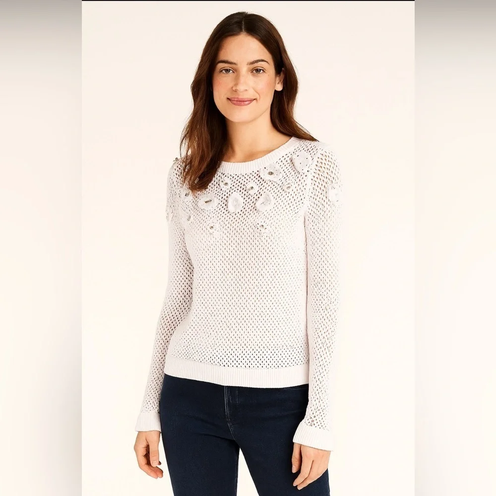 Michael Kors White Knit Textured Floral Sweater With Bell Sleeves.  Size-Medium